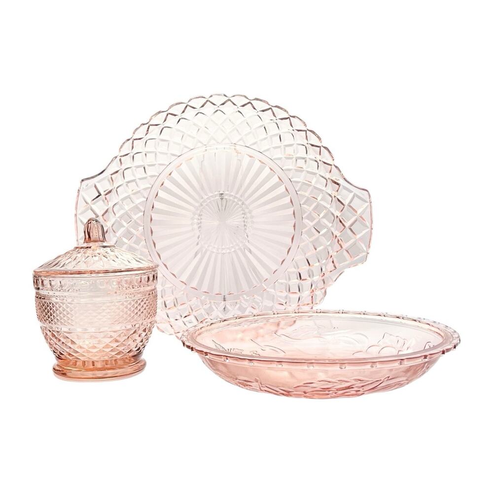 1980s Vintage Pink Depression-Style Dinnerware Serving Hostess Glass Set